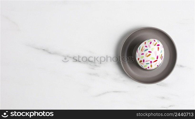 top view painted easter egg plate with copy space