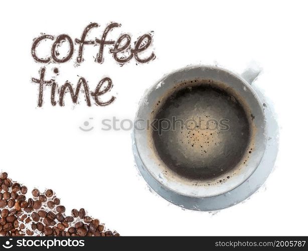 Top view Painting of cup whit hot coffee milk or latte art with shape pattern of milk foam on white background on drawing white paper background, isolate Coffee Time sign