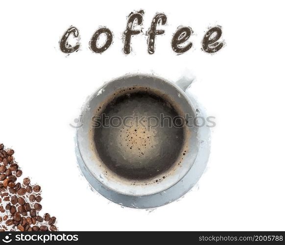 Top view Painting of cup whit hot coffee milk or latte art with shape pattern of milk foam on whitebackground on drawing white paper background, isolate