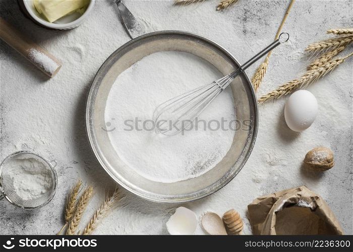 top view pan filled with baking flour table