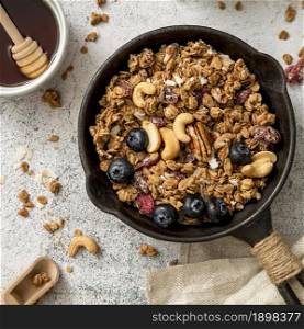 top view pan with homemade granola. Resolution and high quality beautiful photo. top view pan with homemade granola. High quality beautiful photo concept