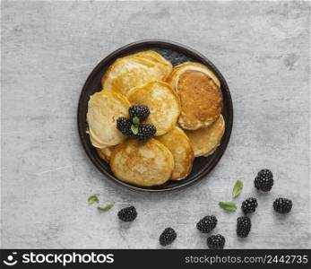 top view pancakes with blackberries