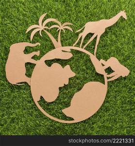 top view paper animals planet grass animal day