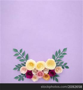 top view paper flowers leaves purple background
