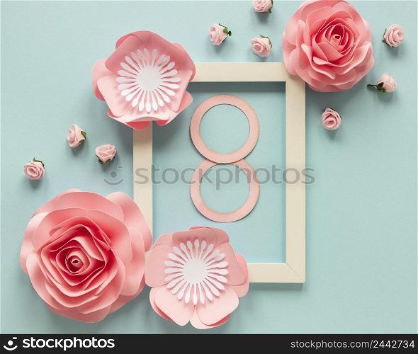 top view paper flowers with frame date women s day