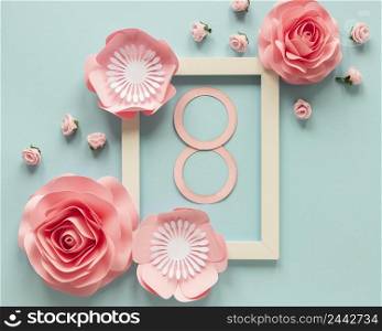 top view paper flowers with frame date women s day