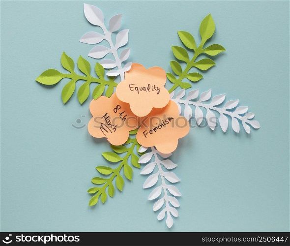 top view paper flowers with leaves women s day