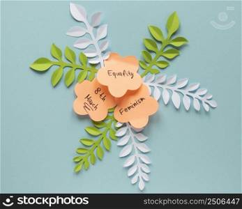 top view paper flowers with leaves women s day