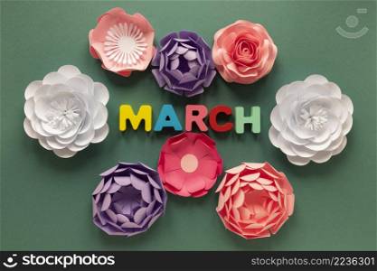 top view paper flowers with month women s day