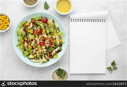 top view pasta salad with balsamic vinegar blank notebook