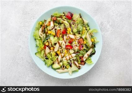 top view pasta salad with balsamic vinegar. Resolution and high quality beautiful photo. top view pasta salad with balsamic vinegar. High quality beautiful photo concept