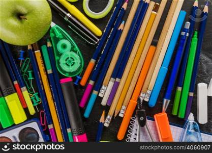 top view pencils school supplies
