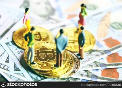 top view people figure standing over  bit coin on dollar bank note, business bit coin concept