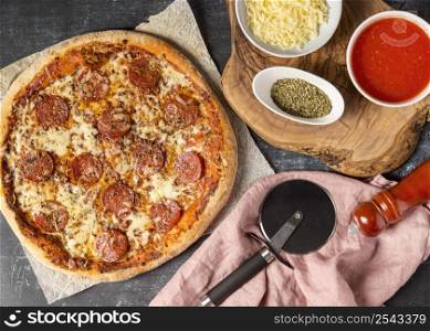 top view pepperoni pizza with ingredients