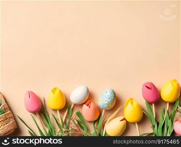Top view photo of colorful easter eggs small basket and paper-cut tulips on isolated pastel beige background. Generative AI.