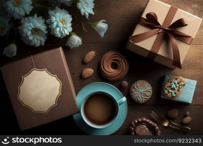 Top view photo of gift boxes with mug of fresh coffee, AI Generative