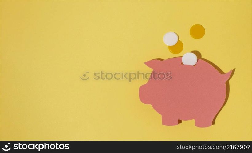 top view piggy bank with copy space