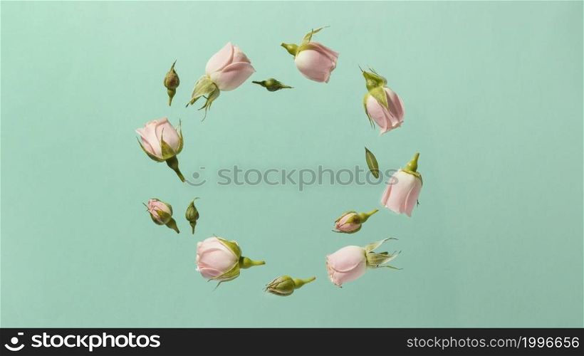 top view pink spring roses circle with copy space
