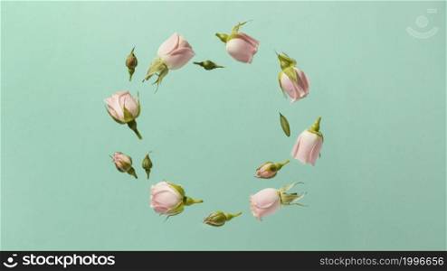 top view pink spring roses circle with copy space