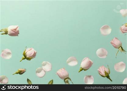 top view pink spring roses with copy space