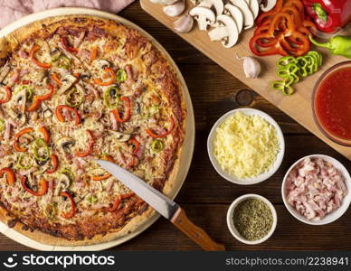 top view pizza with red pepper ingredients