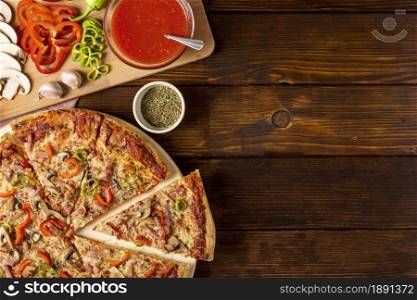 top view pizza with red pepper tomato sauce with copy space. Resolution and high quality beautiful photo. top view pizza with red pepper tomato sauce with copy space. High quality and resolution beautiful photo concept