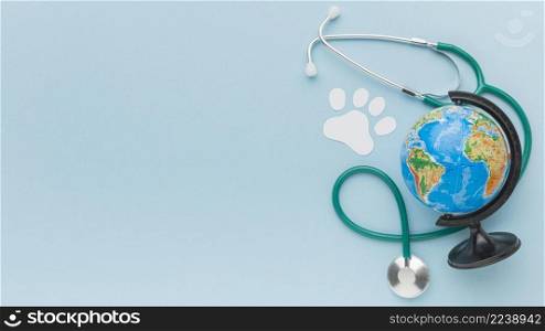 top view planet earth with paper paw print stethoscope animal day