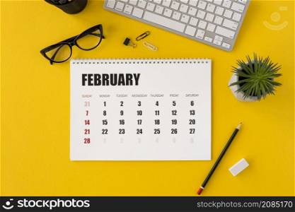 top view planner february calendar plant