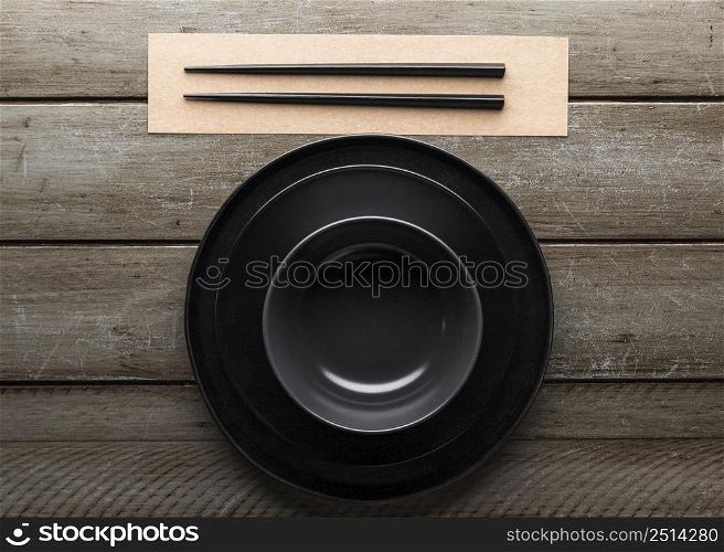 top view plate with chopsticks bowl