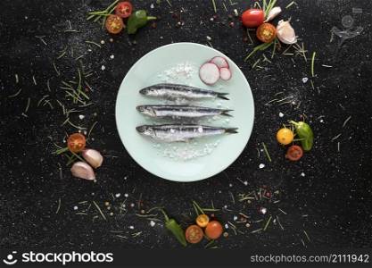 top view plate with fish garnishes