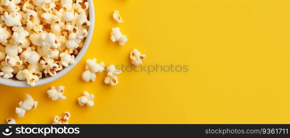 Top view popcorn on yellow pastel background. Movie cinema time concept. Cinema copyspace. Minimal style creative composition. Generative AI