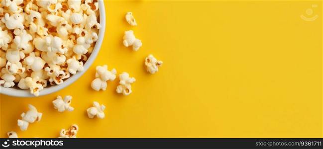 Top view popcorn on yellow pastel background. Movie cinema time concept. Cinema copyspace. Minimal style creative composition. Generative AI