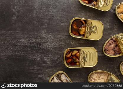 top view preserved food cans with copy space