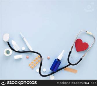 top view professional stethoscope with pills