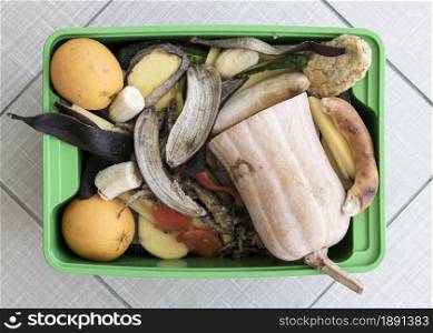 top view recycling bin with organic vegetables. Resolution and high quality beautiful photo. top view recycling bin with organic vegetables. High quality and resolution beautiful photo concept
