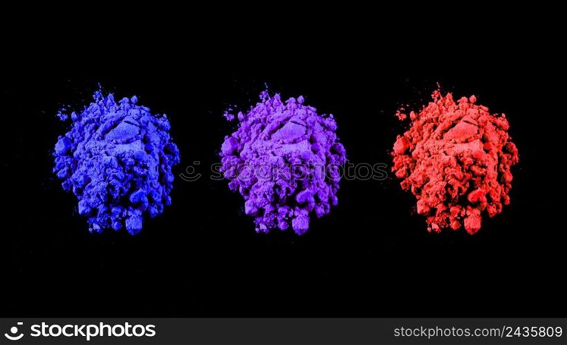 top view red blue purple holi colors arranged row black background