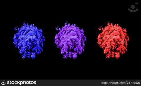 top view red blue purple holi colors arranged row black background
