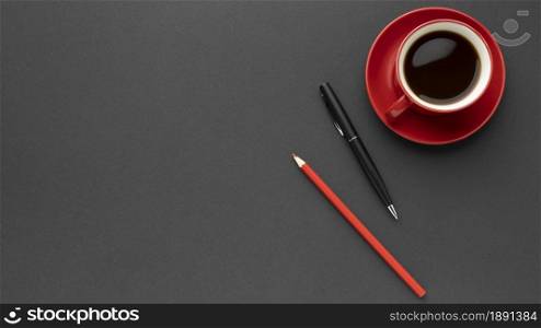 top view red cup coffee with copy space. Resolution and high quality beautiful photo. top view red cup coffee with copy space. High quality and resolution beautiful photo concept