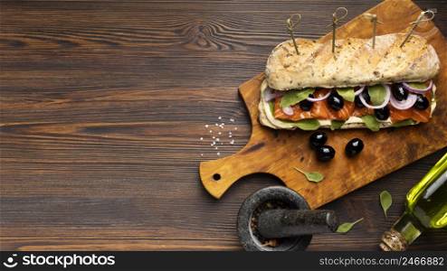 top view salmon sandwich with copy space