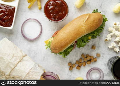 top view sandwich with snacks