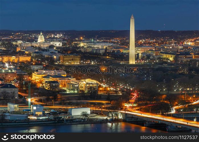 Top view scene of Washington DC down town which can see United states Capitol, washington monument and lincoln memorial, history and culture for travel concept