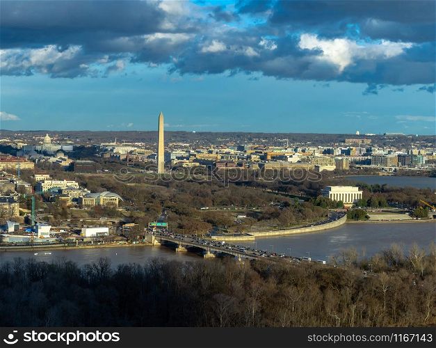 Top view scene of Washington DC down town which can see United states Capitol, washington monument, lincoln memorial and thomas jefferson memorial, history and culture for travel concept