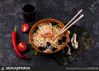 top view seafood noodle soup