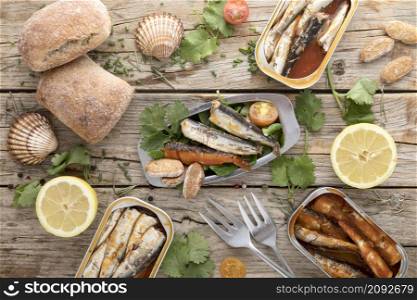top view seafood with lemon oysters