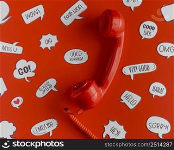 top view selection chat bubbles with telephone receiver