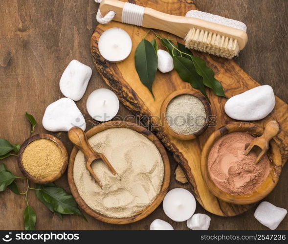 top view selection fine powders bowls with scoops stones