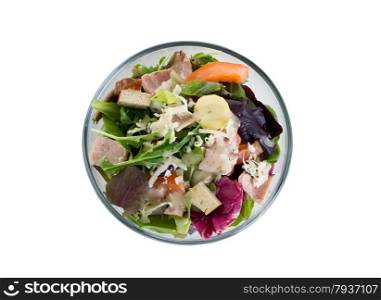 Top view shot of a fresh green salad in glass bowl isolated on white.&#xA;&#xA;