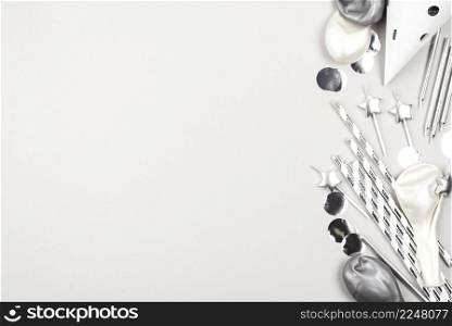 top view silver ornaments with copy space