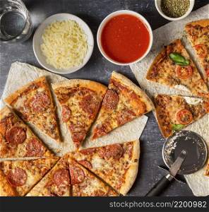 top view sliced pizza with tomato sauce mozzarella