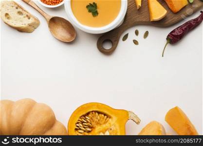 top view sliced pumpkin lentil ingredients with copy space